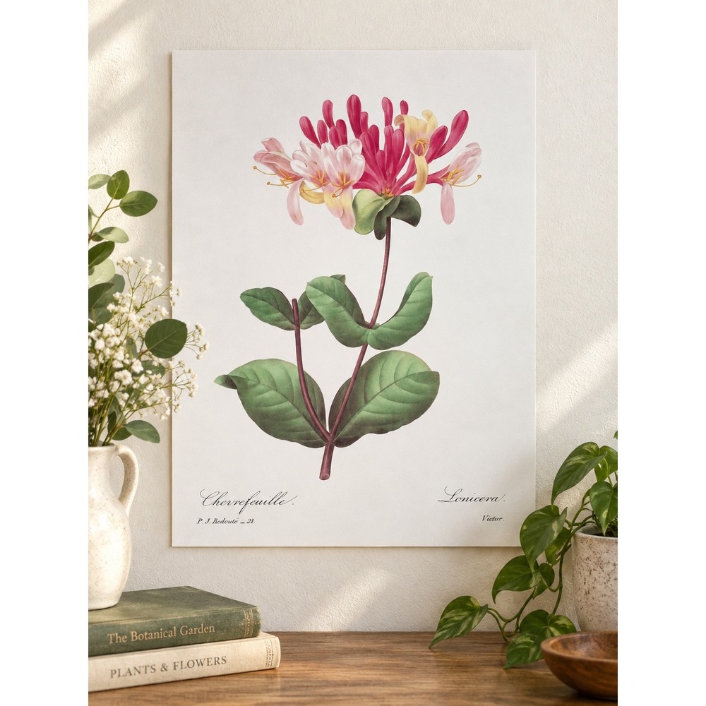 P.J. Redouté Lonicera Honeysuckle Botanical Book Plate Pink Floral 11x14